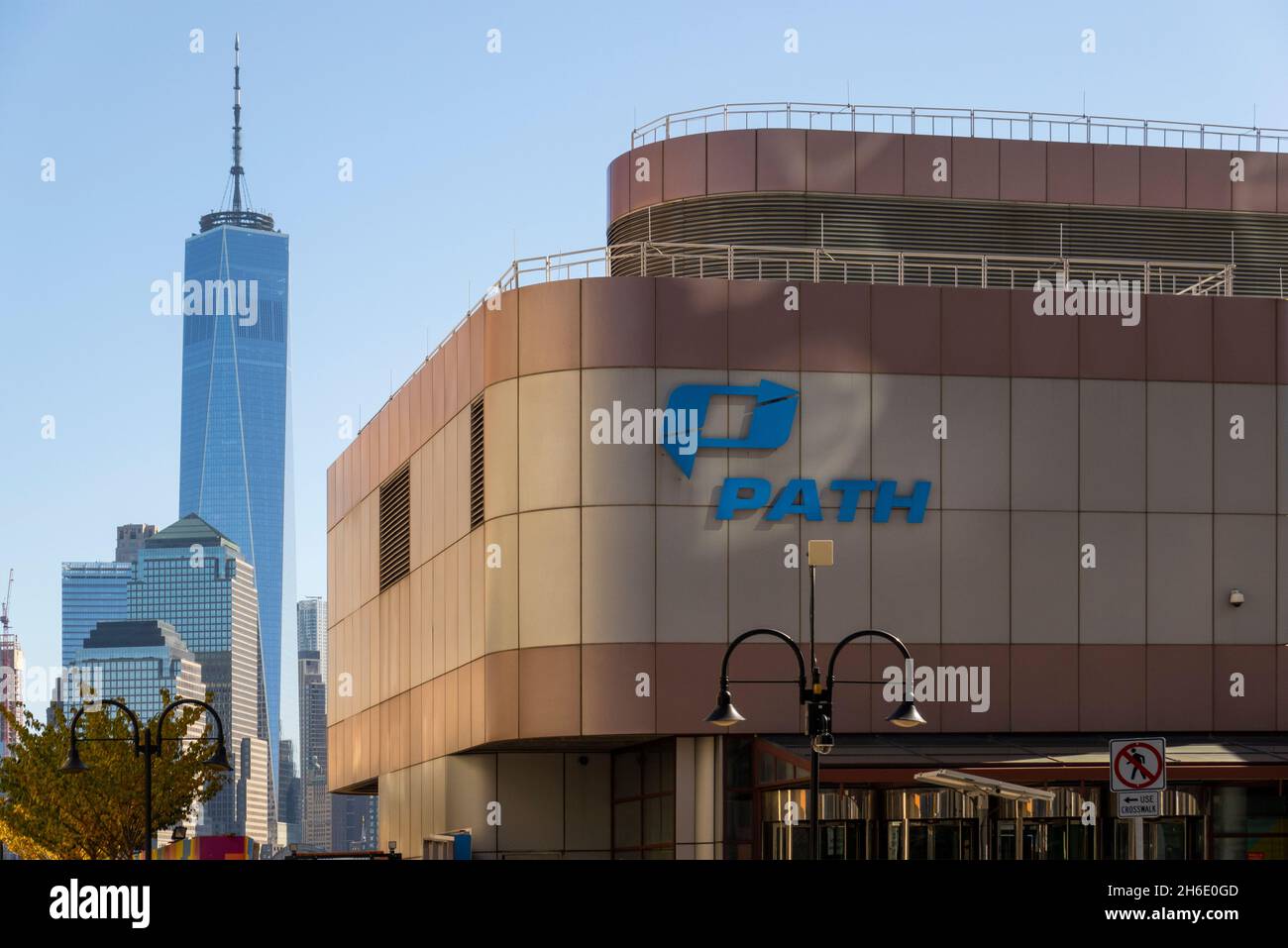 PATH train station in Jersey City NJ with the Freedom tower in lower Manhattan NYC Stock Photo