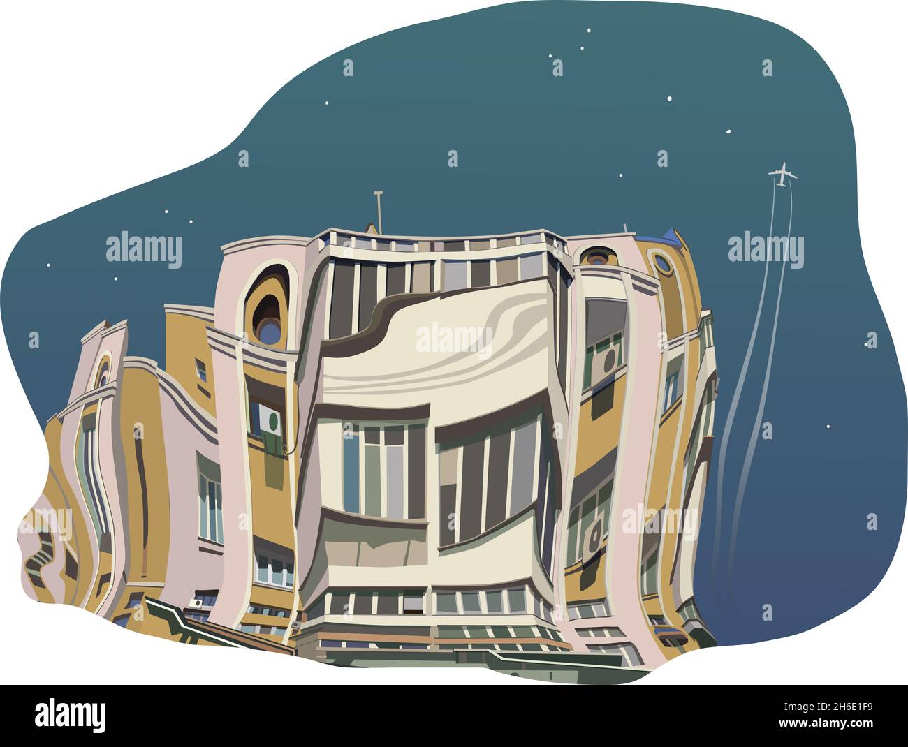 Multi-storey building in reflection. Dancing House. Vector. Stock Photo