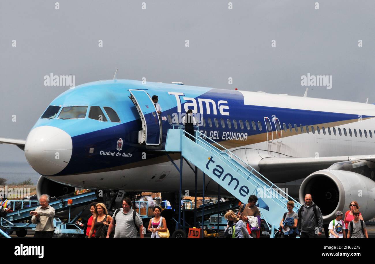 Airbus A320-233 of Tame airlines landed, Baltra airport , Galapagos,  Ecuador Stock Photo