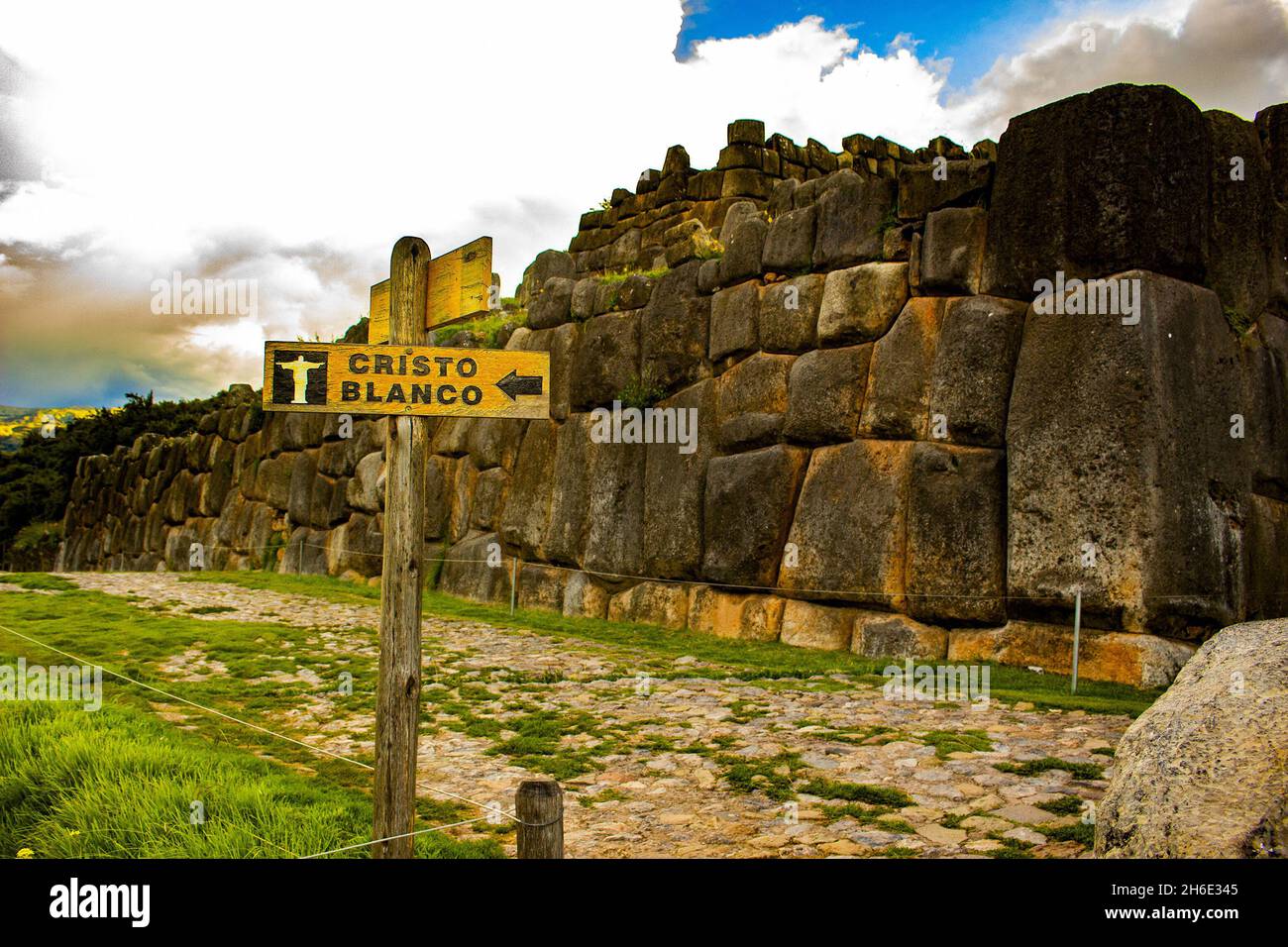 Wooden sign with the name Cristo Blanco. The observation deck in Peru. Stock Photo
