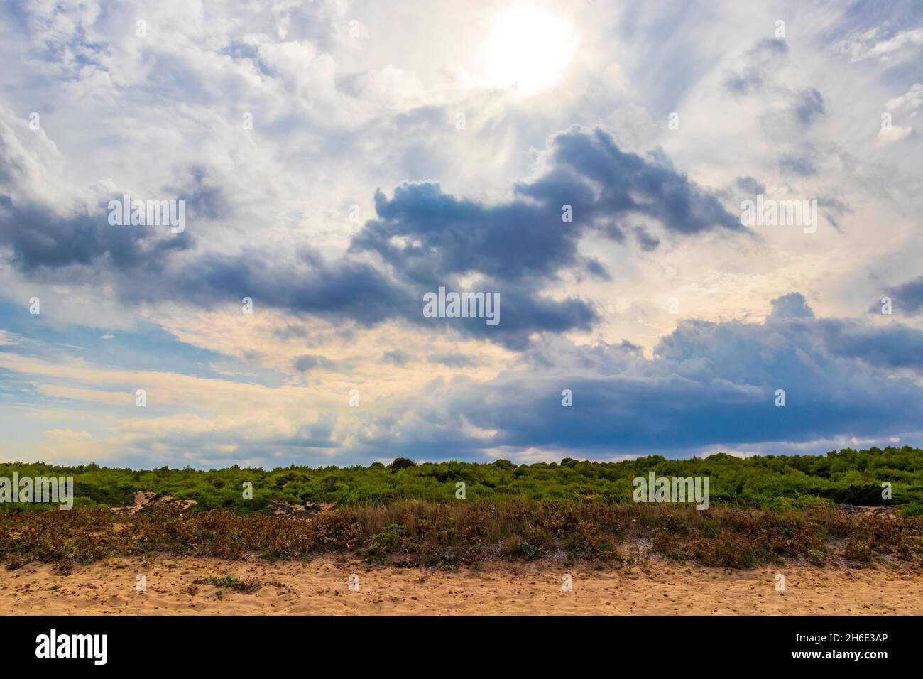 Sun rays from the sky in rough natural coastal landscape panorama in ...