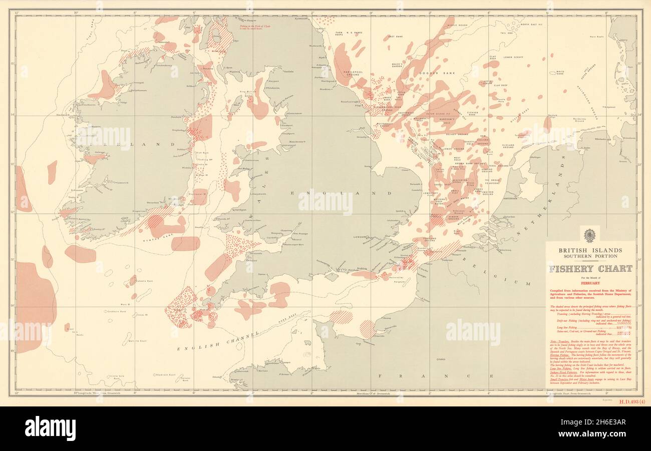 British Isles South February Fishery Chart English Channel North Sea ...