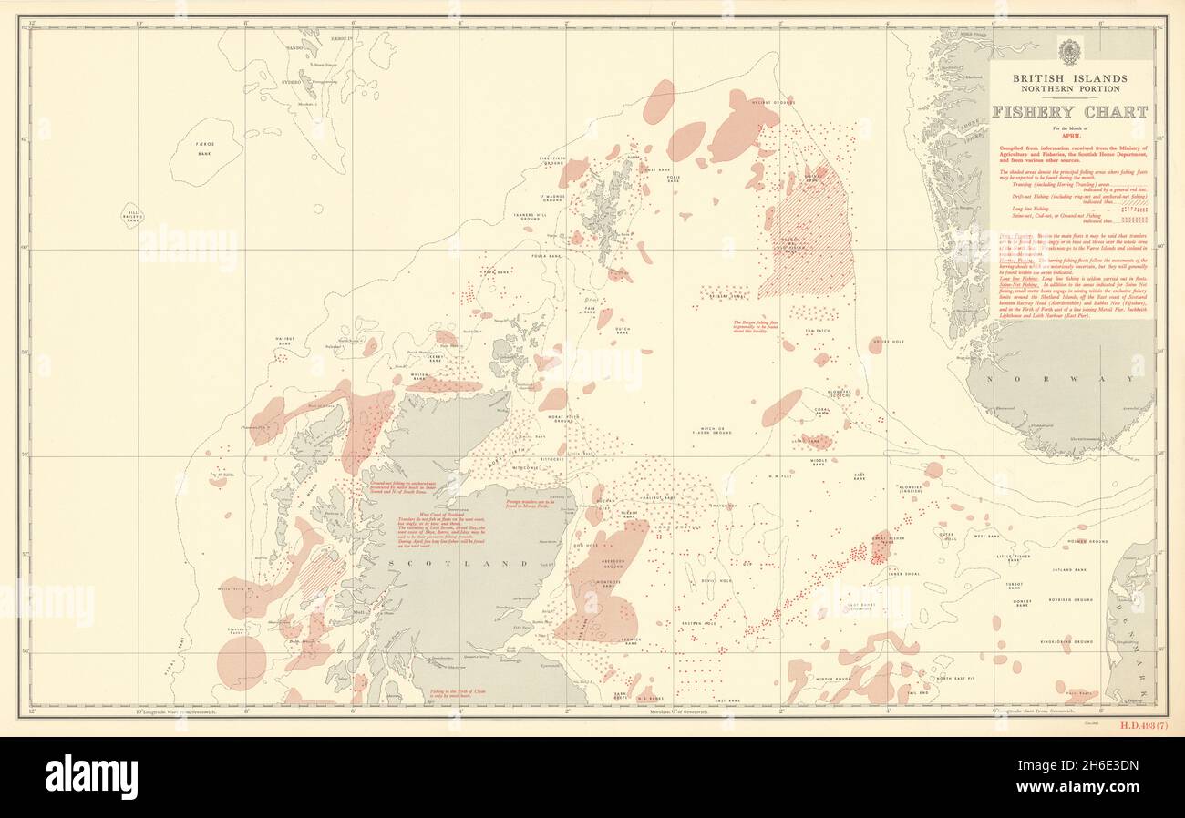 British Isles North April Fishery Chart Scotland North Sea Atlantic 1953 map Stock Photo
