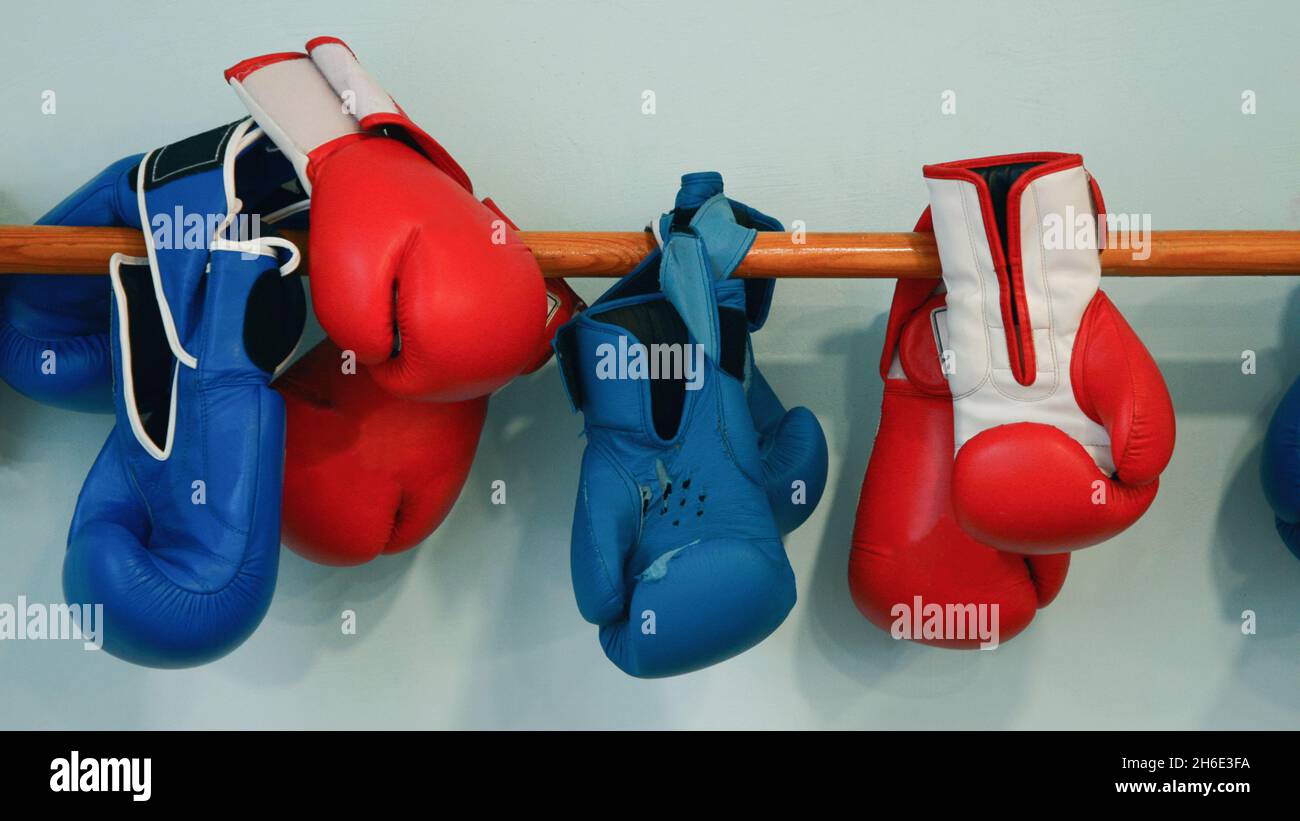 Old and new pairs of red and blue boxing gloves hanging on a wooden stick against a light wall background Stock Photo