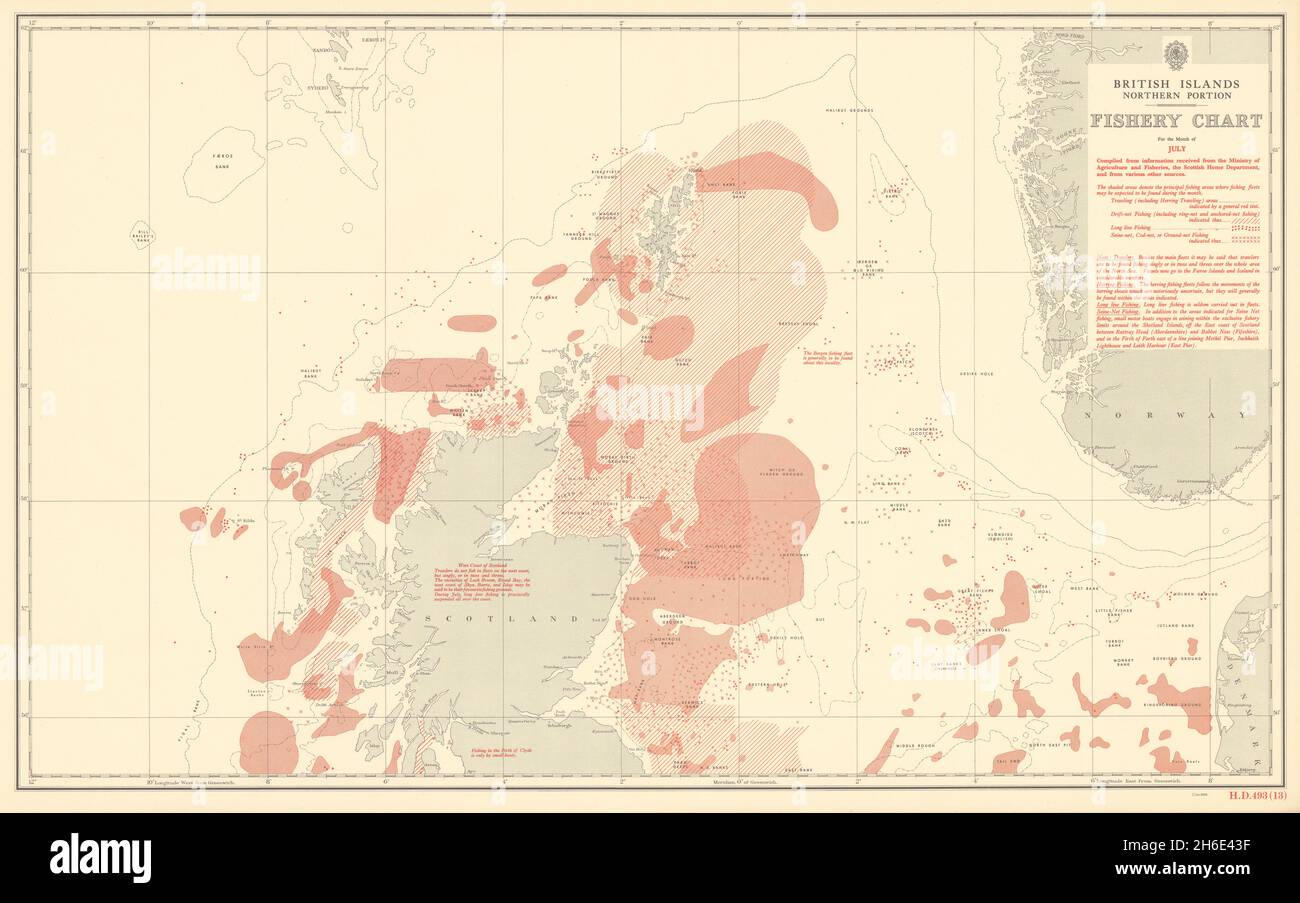 British Isles North July Fishery Chart Scotland North Sea Atlantic 1953 map Stock Photo