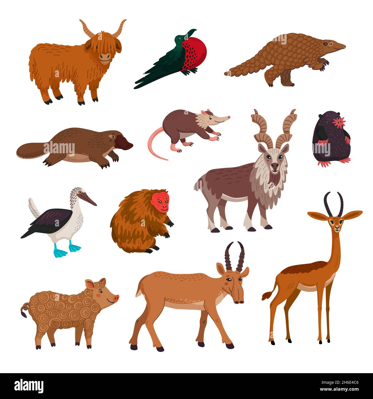Wild animsls vector set, rare endandered animals. Flat style cartoon Vector illustration. Stock Vector