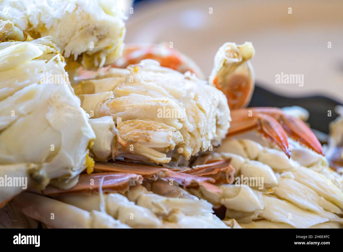 close up Fresh Streamed crab is ready to eat on the local restaurant  table. Stock Photo