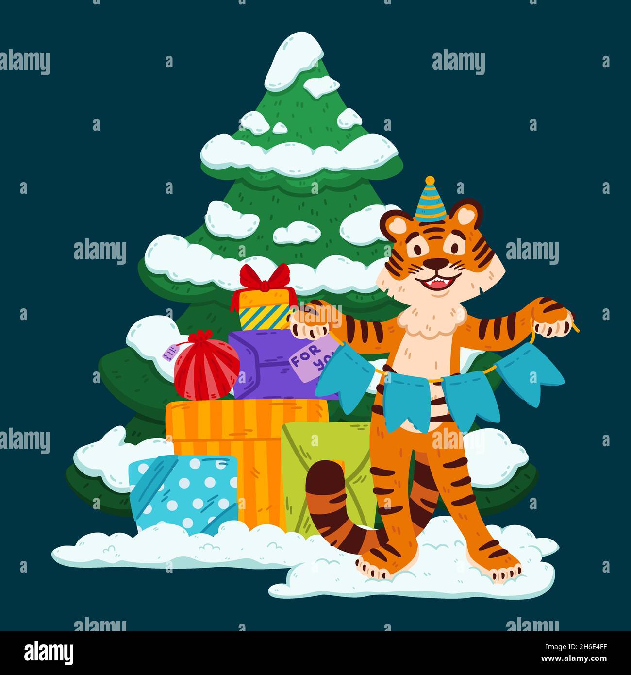 Smiling tiger with party hat, festive garland flags, presents and Christmas tree. Chinese zodiac animal. Symbol of the new year 2022, 2034. Vector ill Stock Vector