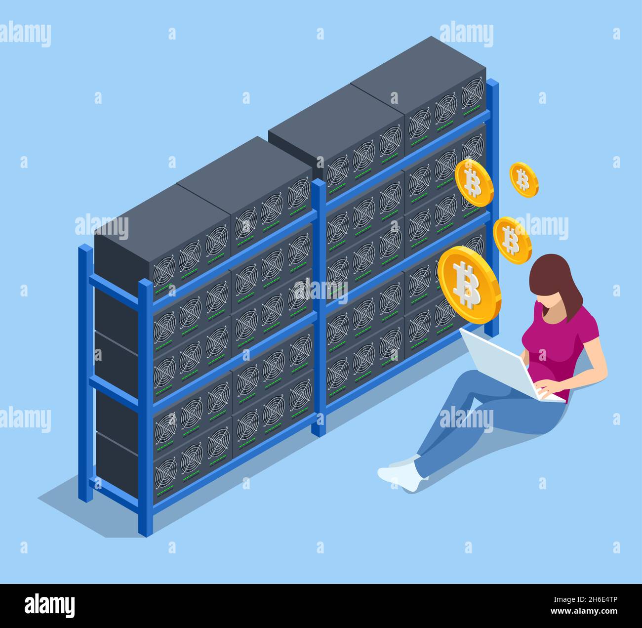 Isometric cryptocurrency mining farm. Cryptocurrency mining equipment. Blockchain system Stock Vector