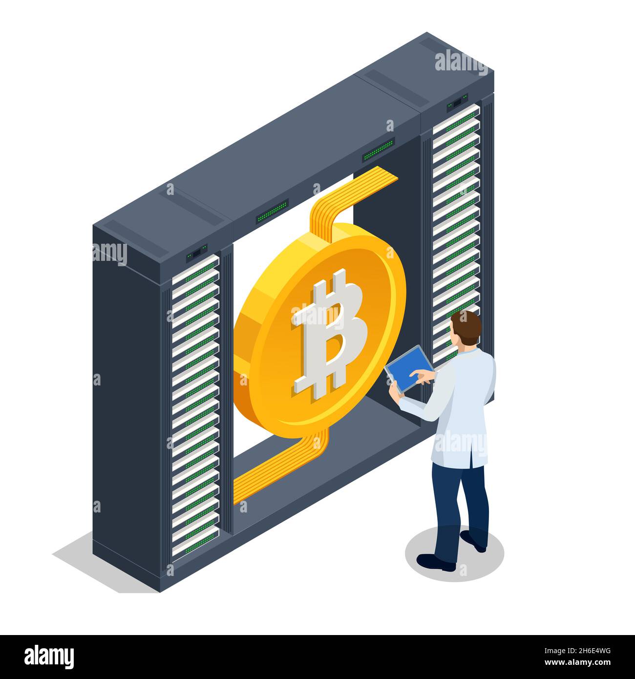 Isometric cryptocurrency mining farm. Cryptocurrency mining equipment. Blockchain system Stock Vector