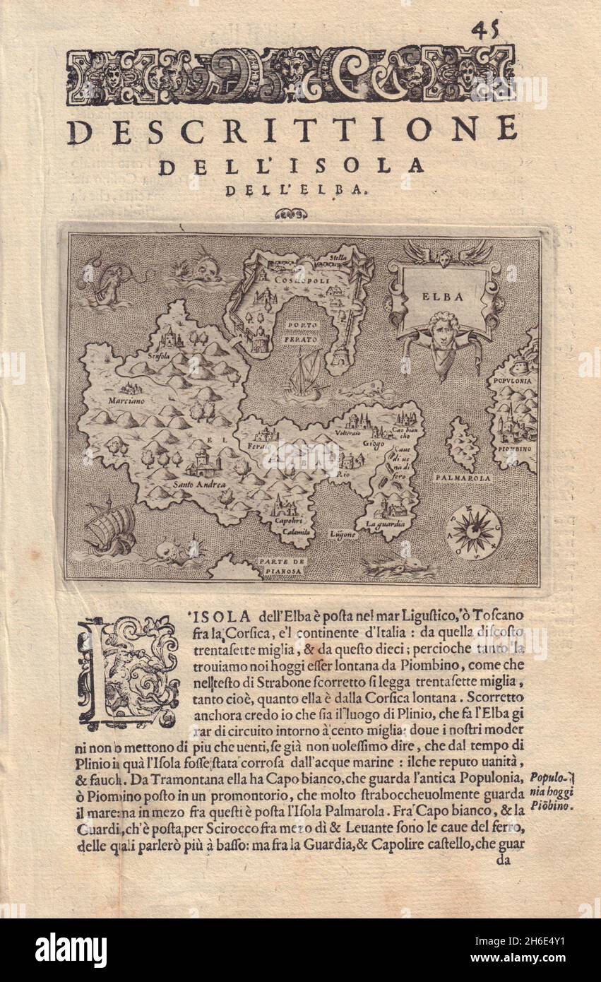 Descrittione dell' Isola dell' Elba. PORCACCHI. Italy 1590 old antique map Stock Photo