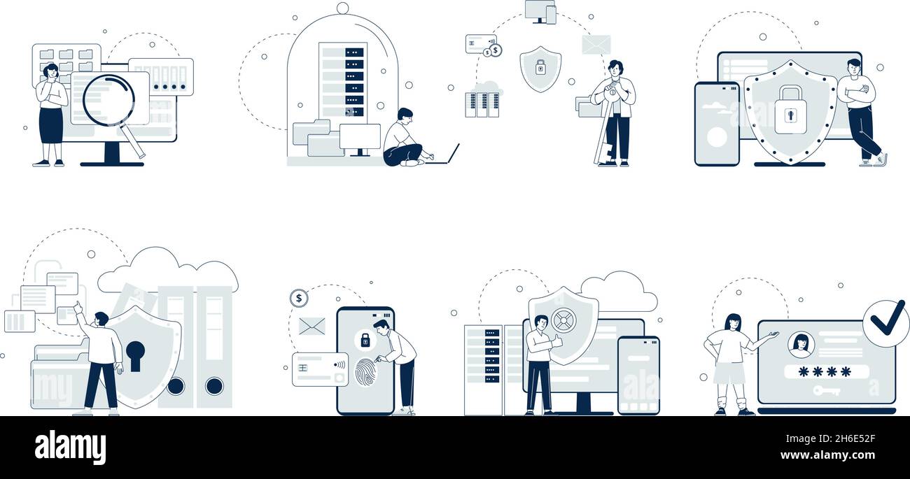 Cyber security concept. Secure working, privacy politics industry. Data protection, no computer hacking. Finance and database saving, recent vector Stock Vector
