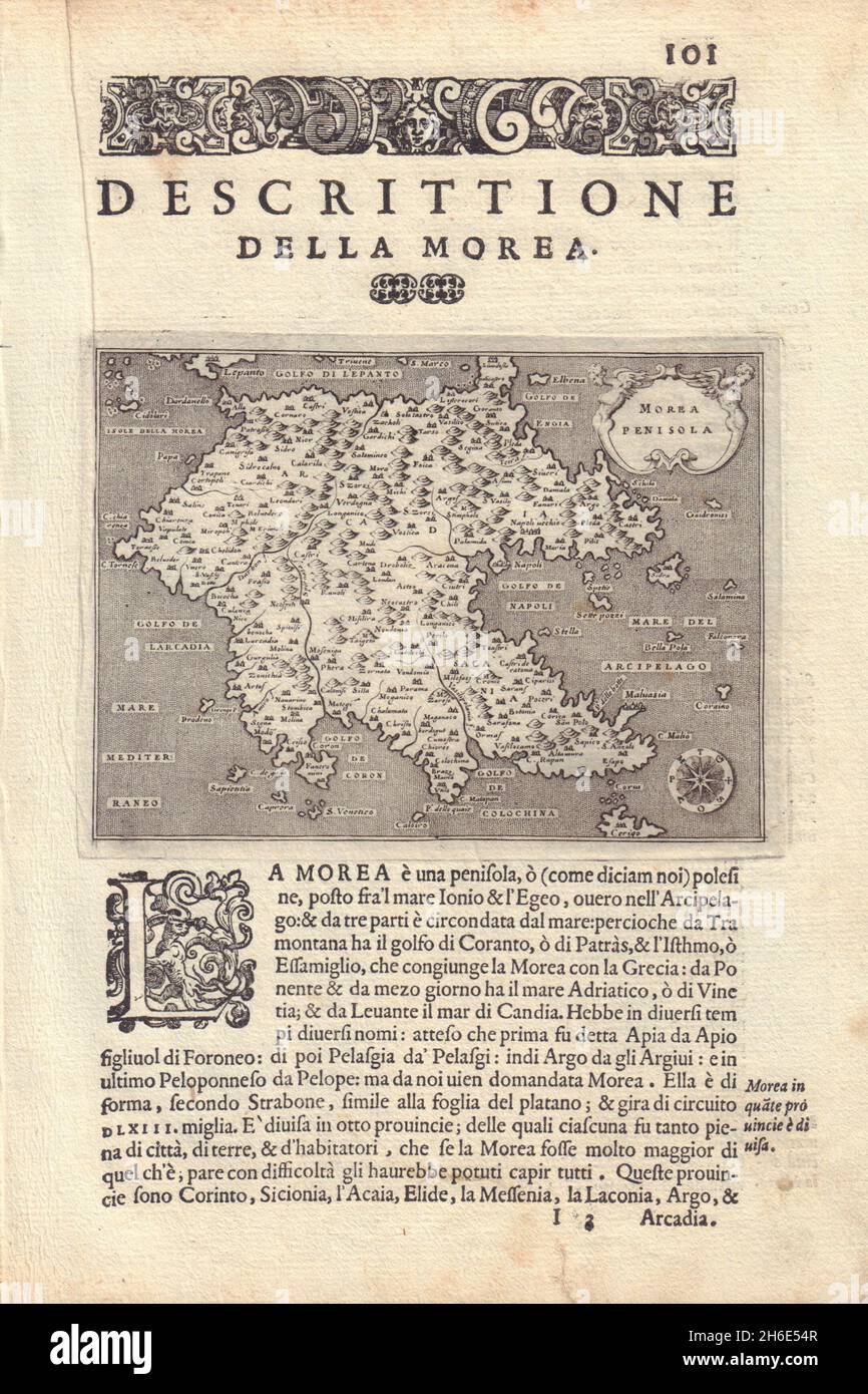 Descrittione della Morea. PORCACCHI. Peloponnese peninsula Greece 1590 old map Stock Photo