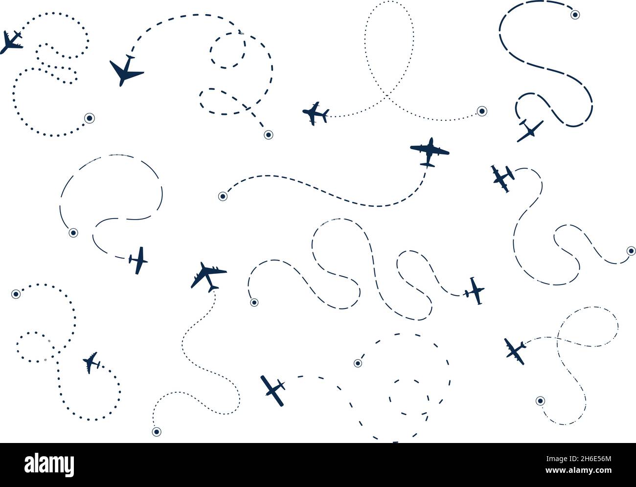 Plane paths. Route lines, airplane path flight. Dotted way, adventure tracks with destination points. Line tourism or logistic elements, vector recent Stock Vector
