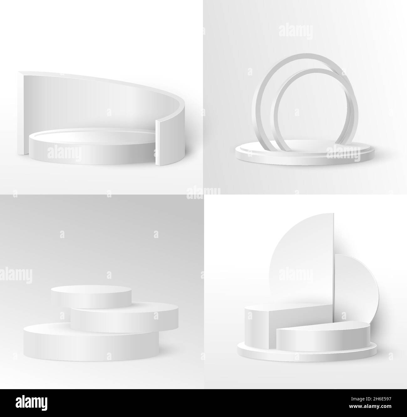 Product display podium mockup set, vector illustration. Realistic white stage, platform for exhibition, presentation. Stock Vector