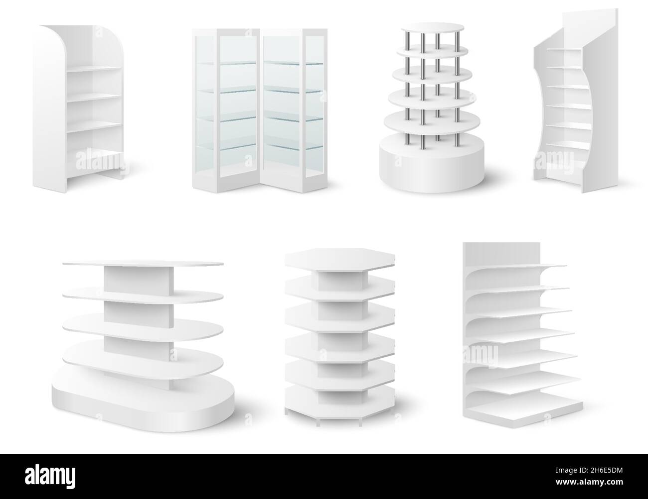 White empty showcase display mockup set, vector illustration. Retail display stand, rack, glass case, store shelves. Stock Vector