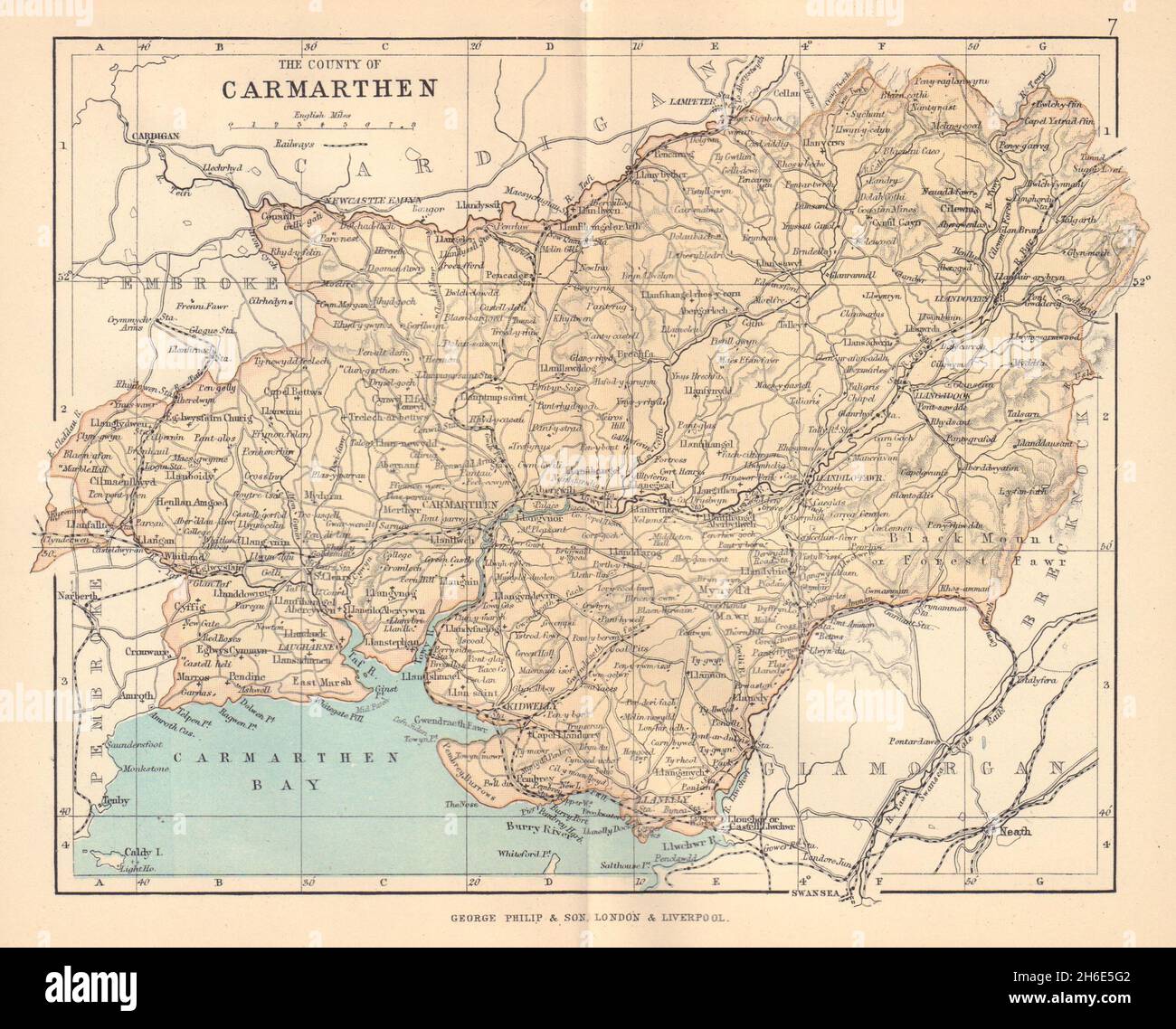 CARMARTHENSHIRE 'The County of Carmarthen' Llanelli Wales BARTHOLOMEW 1885 map Stock Photo