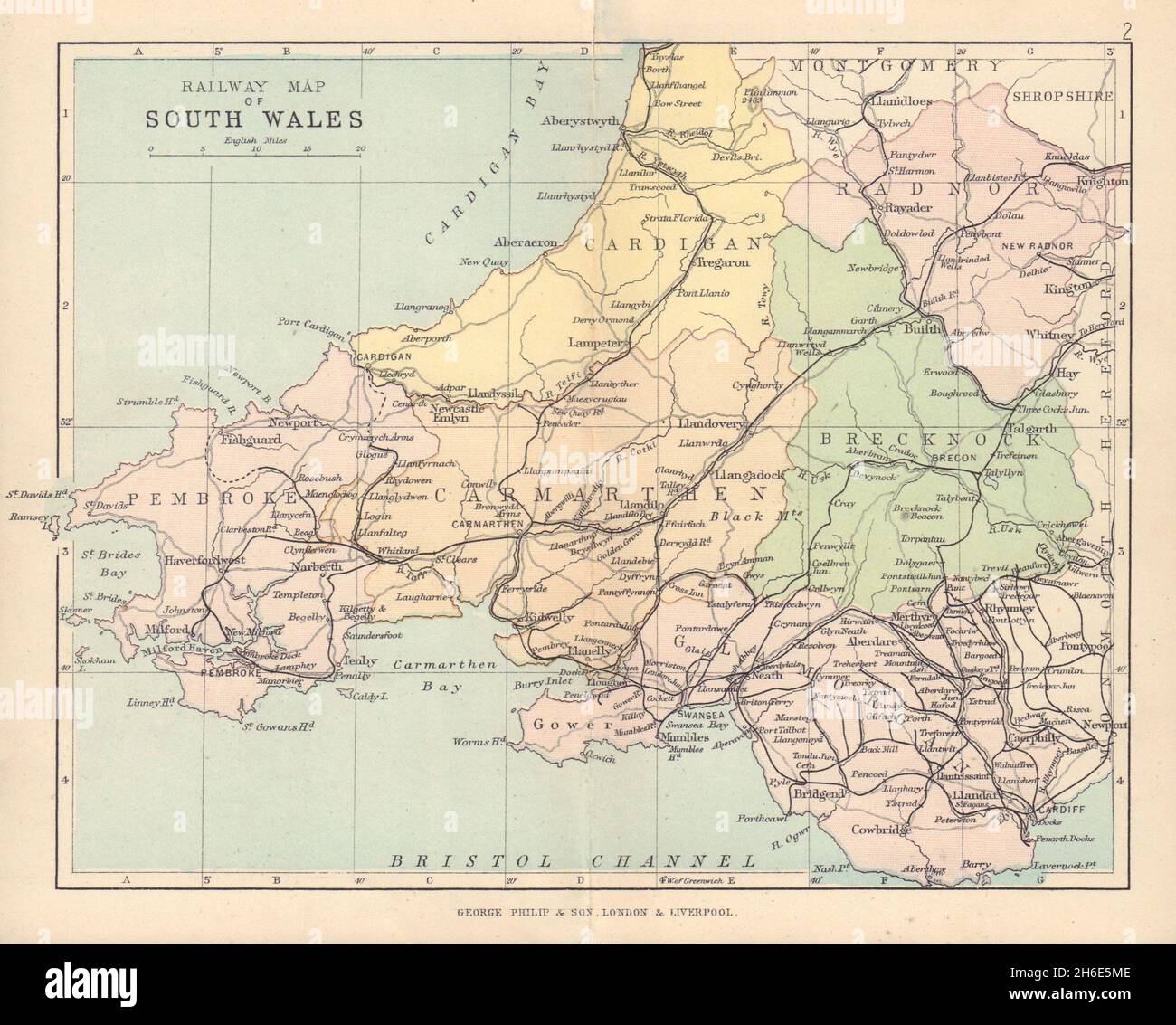 WALES Railway Map of South Wales BARTHOLOMEW 1890 old antique plan chart Stock Photo