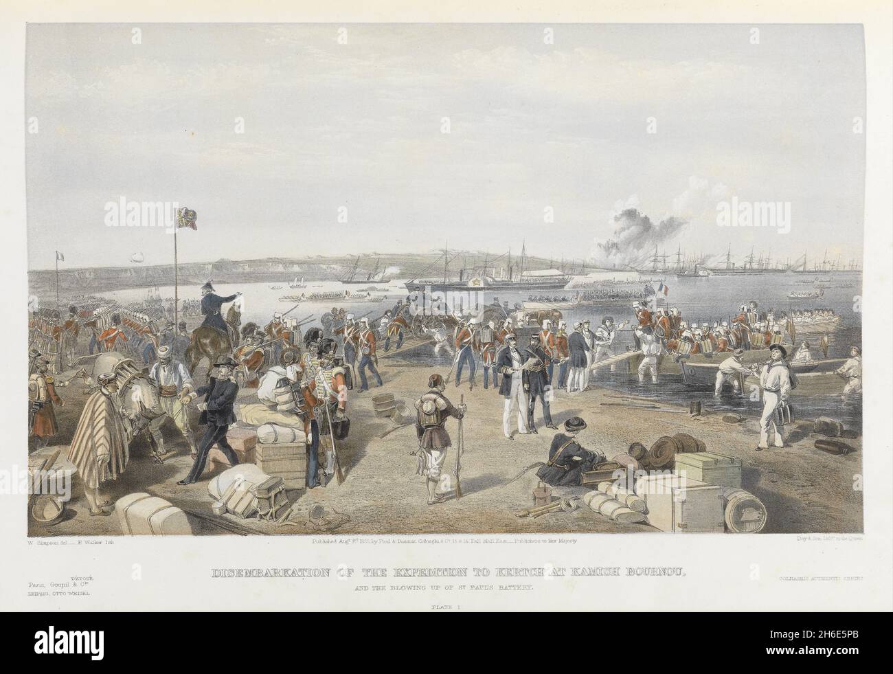 Disembarkation of the expedition to Kertch at Kamish Bournou, and the Blowing Up of St. Paul's Battery. by William Simpson (drawing), E. Walker (lithograph) 1856 Stock Photo