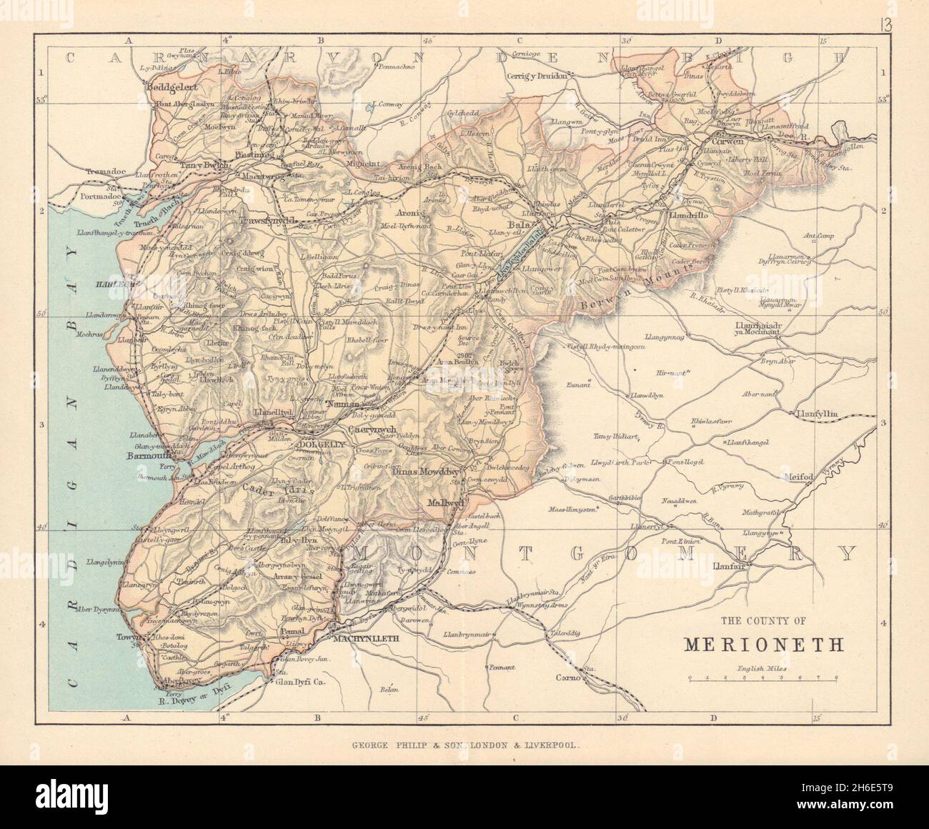 MERIONETHSHIRE 'County of Merioneth' Barmouth Tywyn Wales BARTHOLOMEW 1890 map Stock Photo