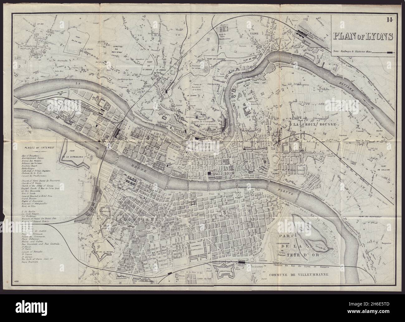 LYONS LYON antique town plan city map. France. BRADSHAW 1892 old Stock