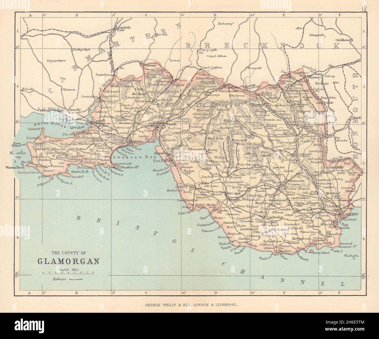 GLAMORGANSHIRE Cardiff Swansea Neath Port Talbot Wales BARTHOLOMEW 1890 map  Stock Photo - Alamy