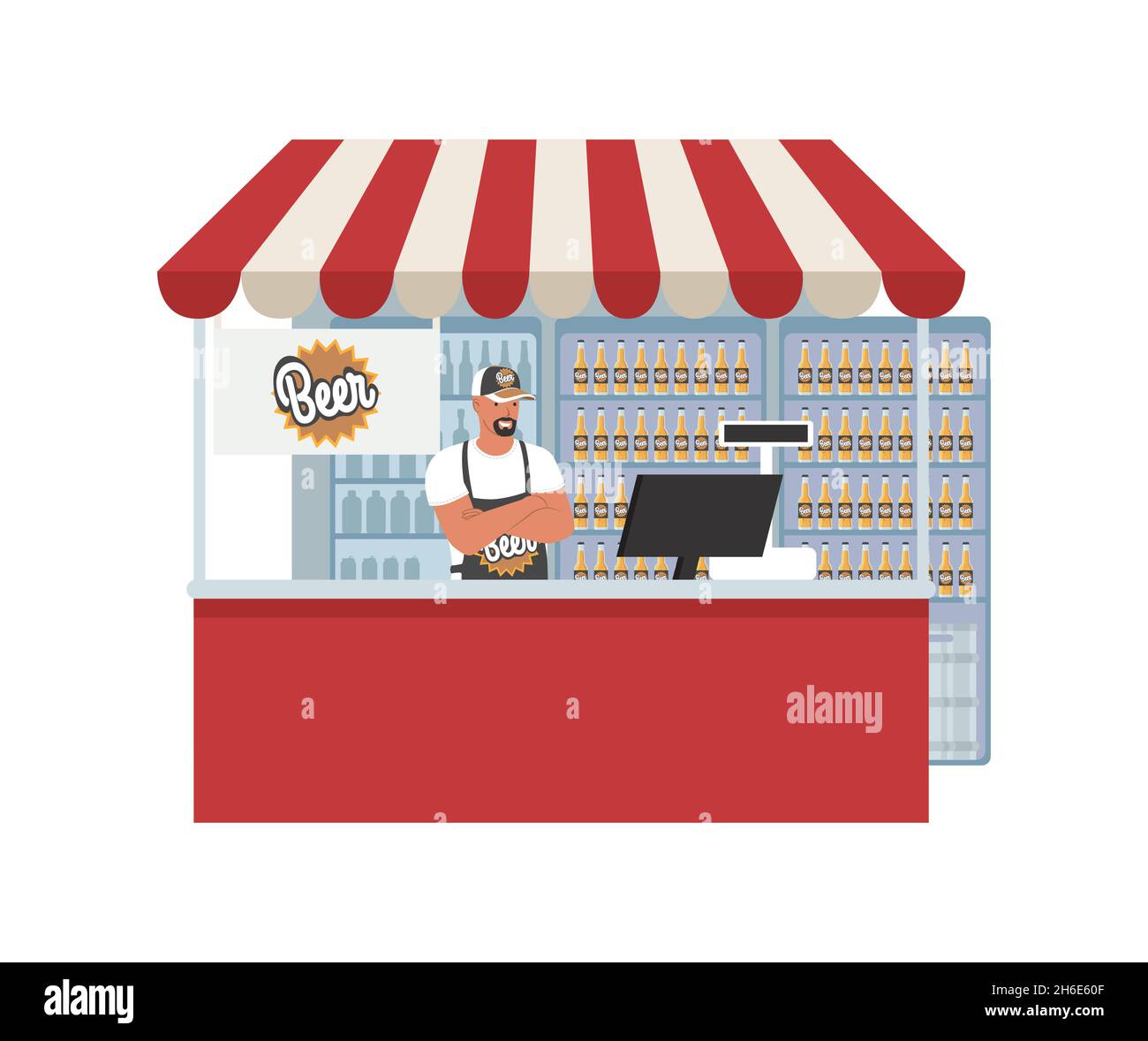 Beer shop, brewery, market, vector illustration. Supermarket, grocery store beer section. Retail shop small business. Stock Vector