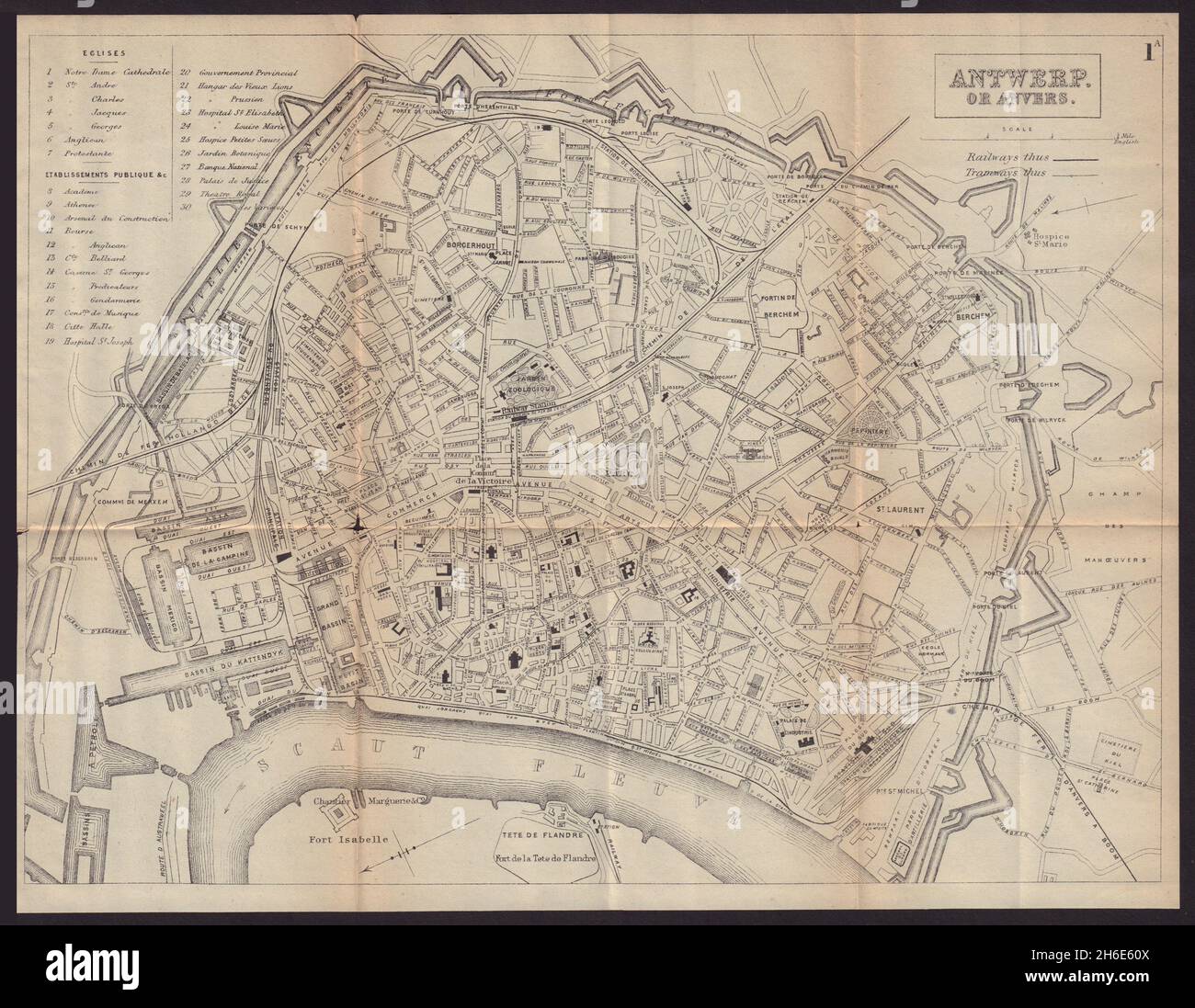 ANTWERP ANVERS ANTWERPEN antique town plan city map. Belgium. BRADSHAW 1893 Stock Photo
