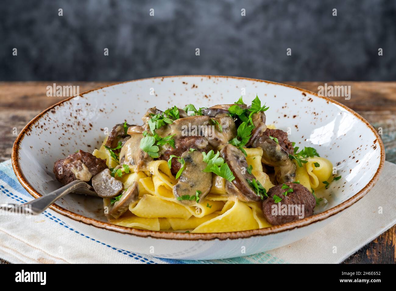 Venison meatballs with creamy mushroom sauce and pappardelle pasta