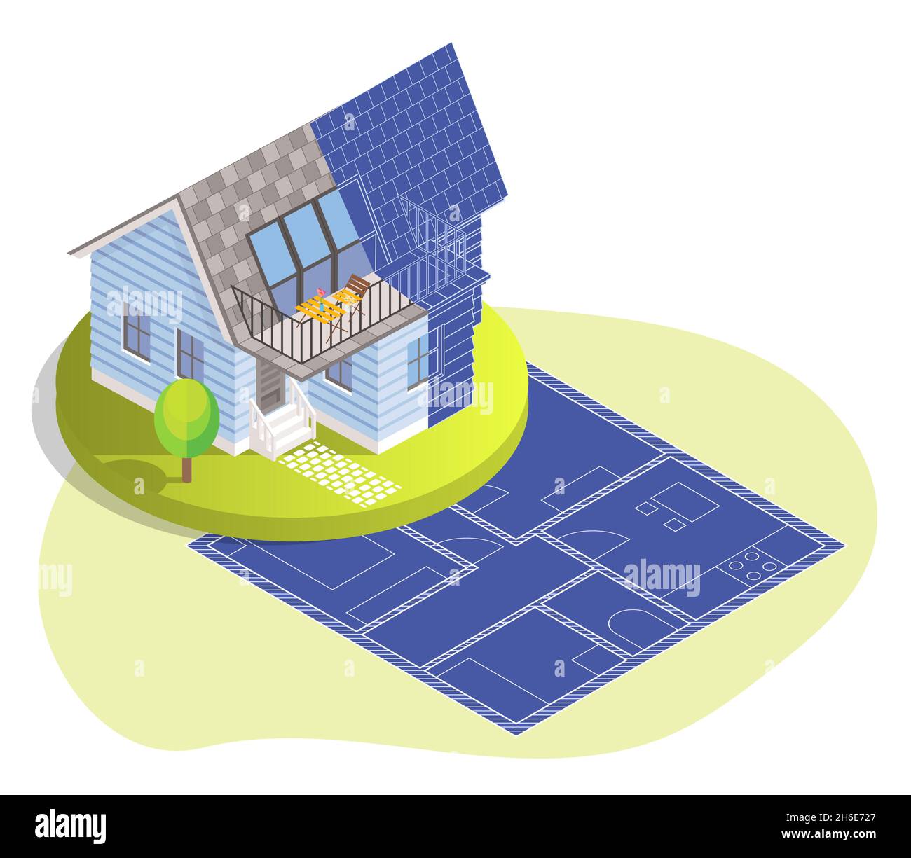 House building on blueprint, vector isometric illustration. House plan drawing, architectural project, construction plan Stock Vector