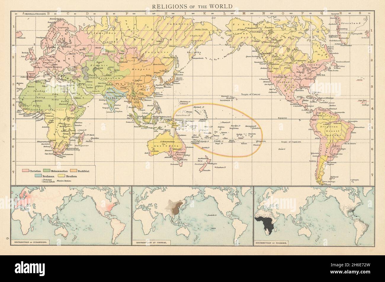 Religions of the world. Christian Islam Buddhist Heathen Hindu. TIMES 1895 map Stock Photo