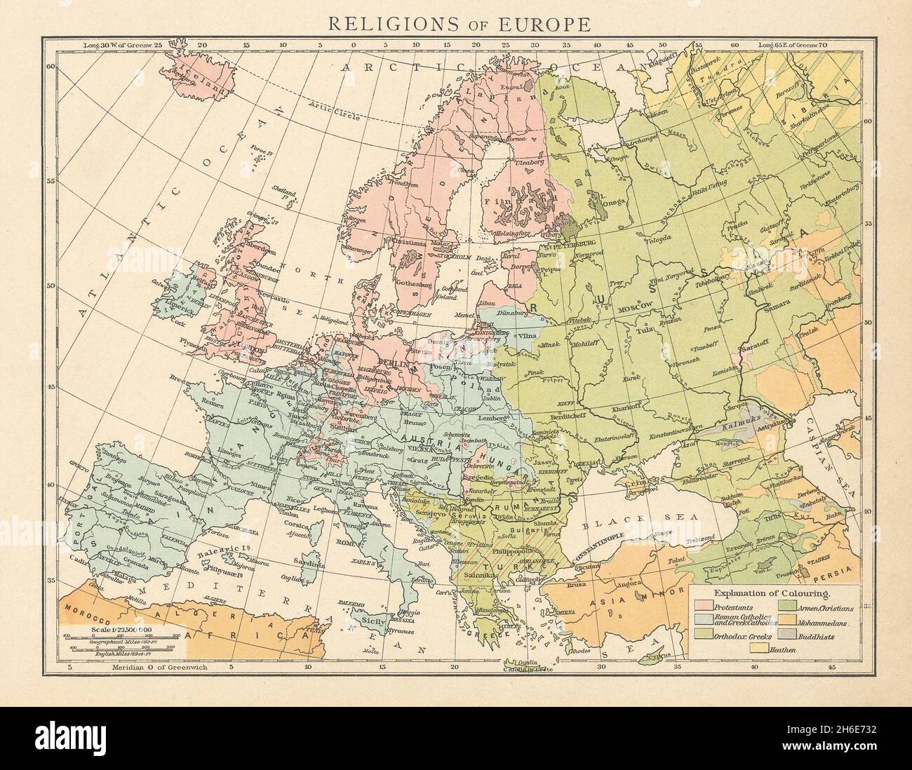 Religions of Europe. Protestant Catholic Orthodox Islam Buddhist. TIMES 1895 map Stock Photo