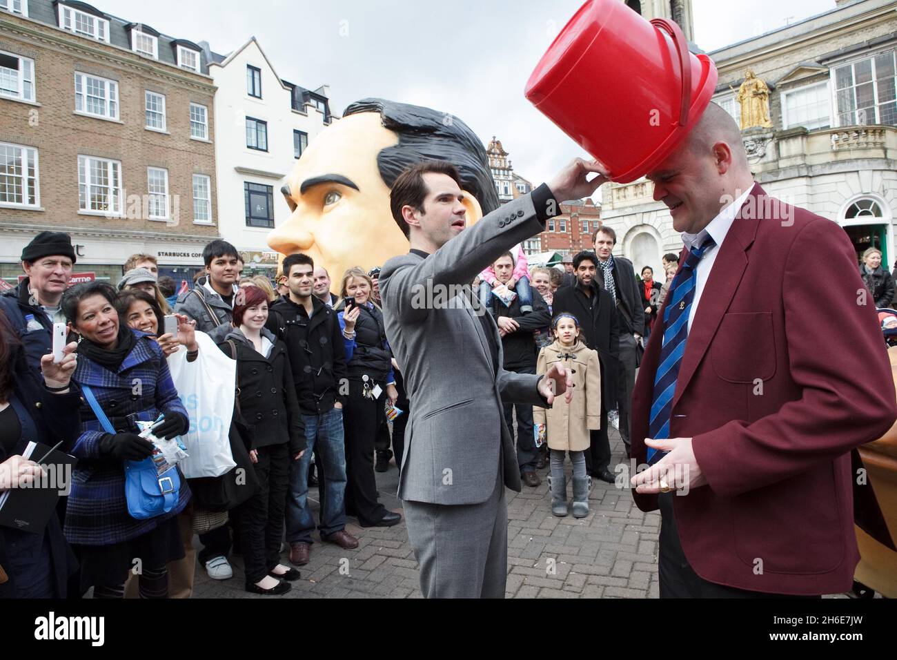 Al Murray the pub landlord and Jimmy Carr in the latest Walkers ad for Comic Relief shot in Kingston - in a bid to raise over Â£1million this Red Nose Day with their very own Walkers crisps! The ad will air on 16th February. Stock Photo
