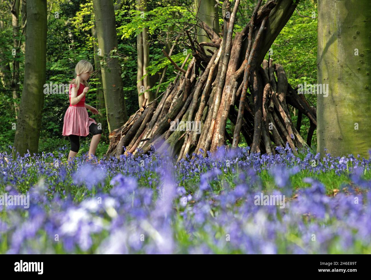 11 year old Jess makes the most of her Easter holiday by playing in the bluebells in Wanstead Park in East London. The amazing display of bluebells have come early this year due to the warm weather. Stock Photo