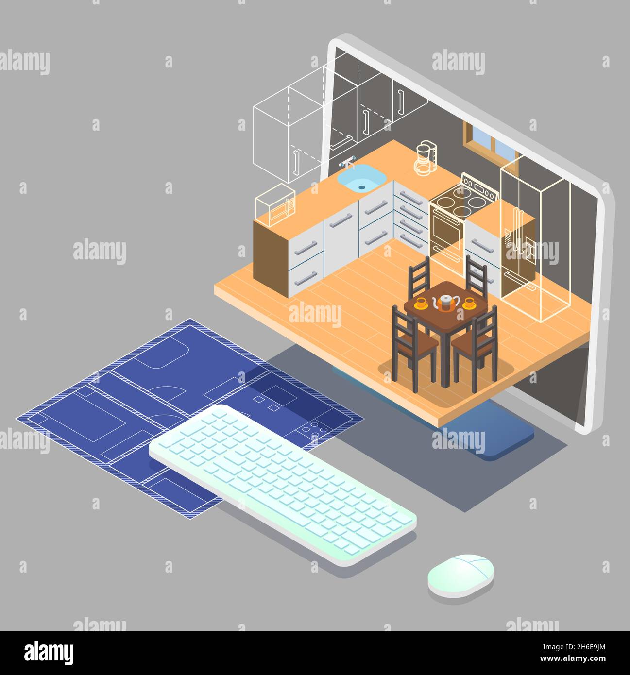Interior design online service. Kitchen furniture 3d models on computer screen, house blueprint