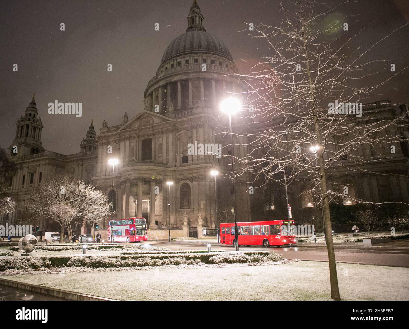 Snow fell by St Paul's Cathedral in London this morning.   Stock Photo