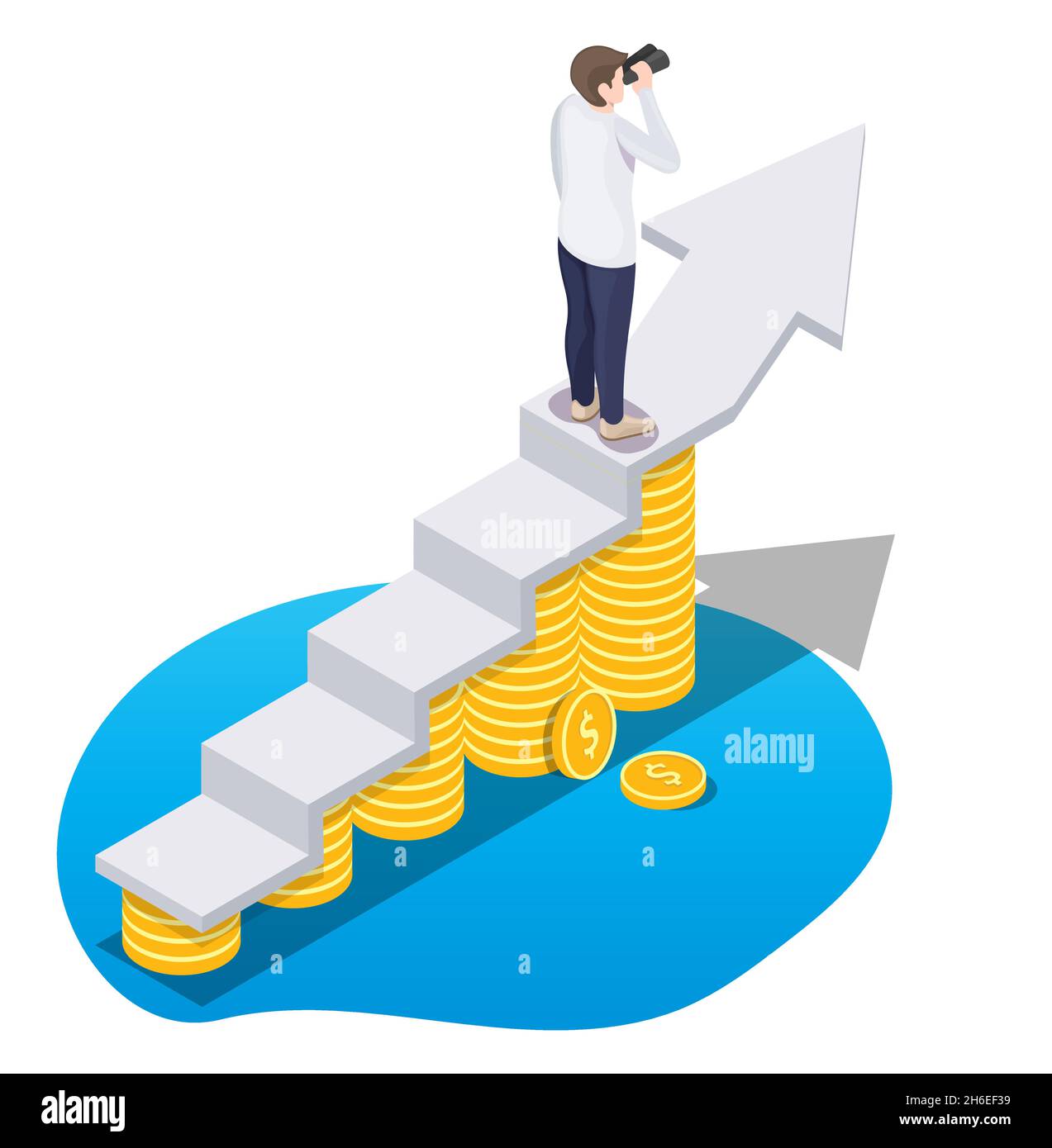 Businessman standing on revenue growth increasing graph, flat vector isometric illustration. Income, profit. Stock Vector