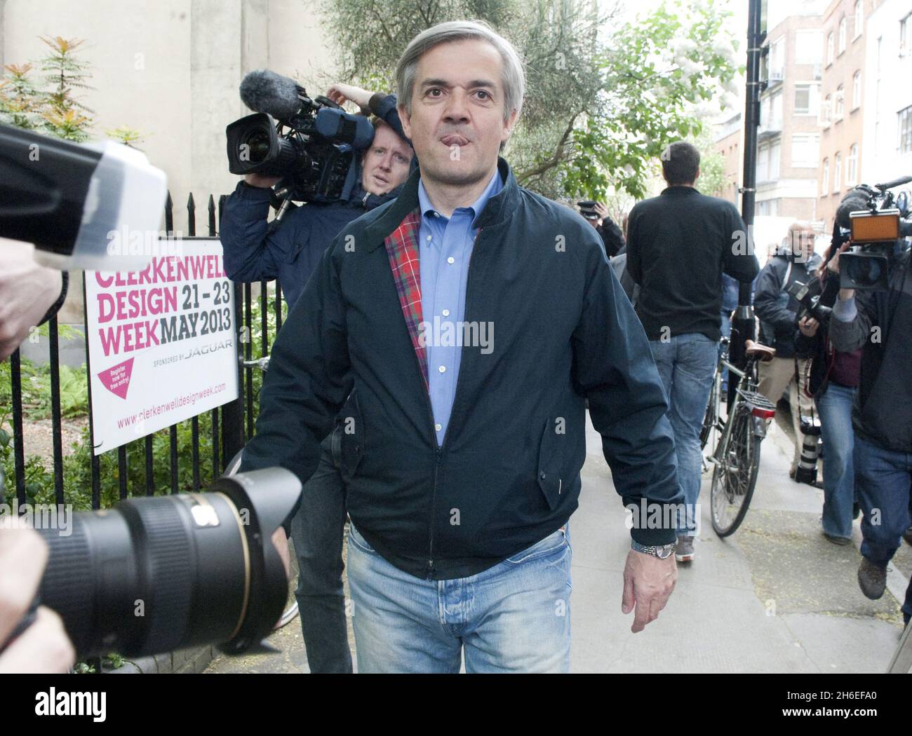 Former Cabinet minister and Eastleigh MP Chris Huhne faces the media on his release from prison which he described as a humbling and sobering experience in Clerkenwell, London. Stock Photo