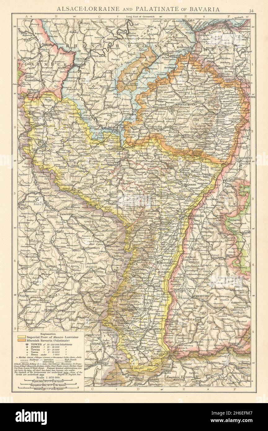 Rhine valley. Alsace-Lorraine & Palatinate of Bavaria. Rhineland. TIMES 1895 map Stock Photo