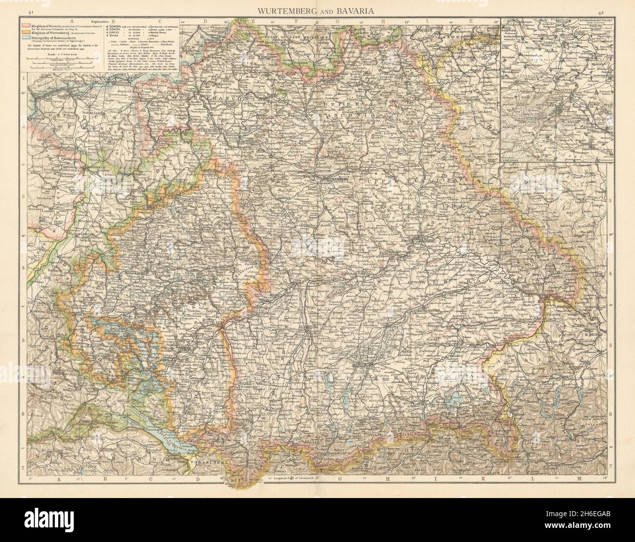 Wurtemberg & Bavaria. Principality of Hohenzollern. THE TIMES 1895 old map Stock Photo