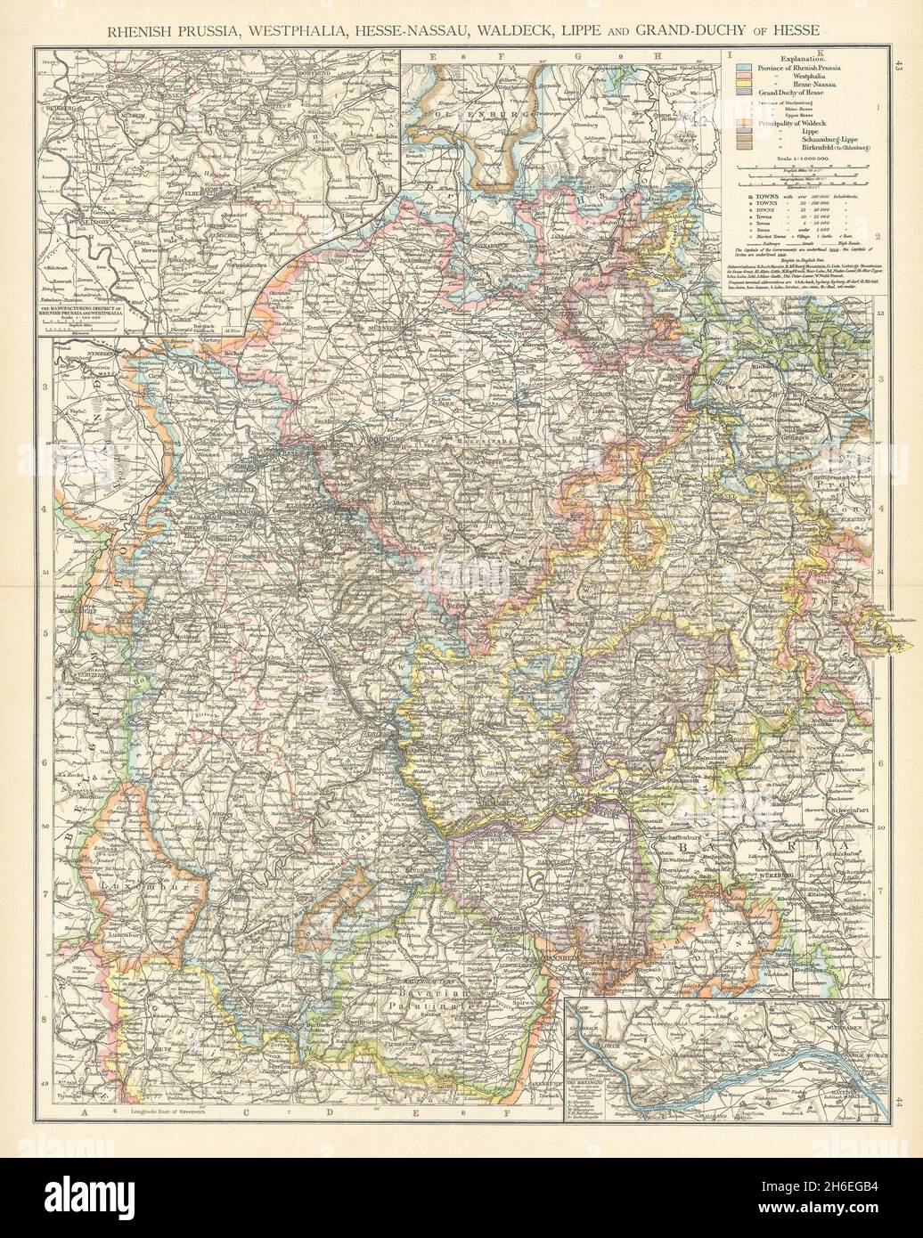 Western Germany. Hessen Rhineland Palatinate Nordrhein Westfalen. TIMES 1895 map Stock Photo