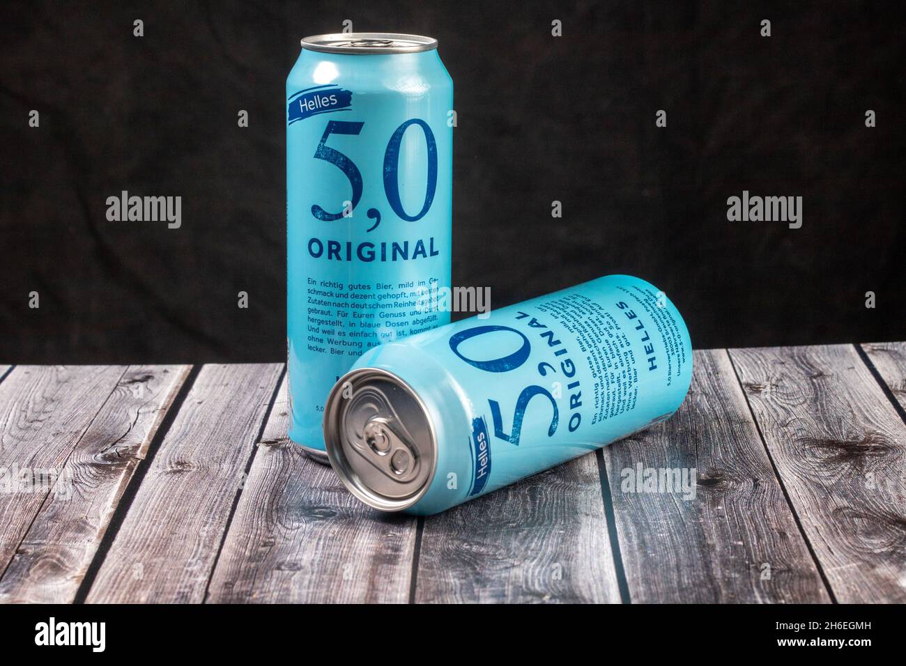 Neckargemuend, Germany - Oktober 17, 2021: two cans of german beer brand 5,0 a countrywide sold brand of lower price tier. hell is a typical bavarian Stock Photo