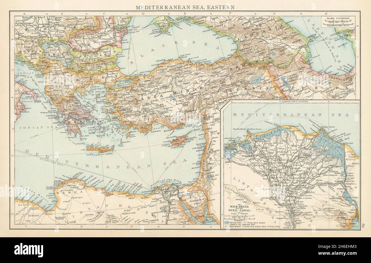 Eastern Mediterranean sea. Nile delta. Suez canal. THE TIMES 1895 old map Stock Photo