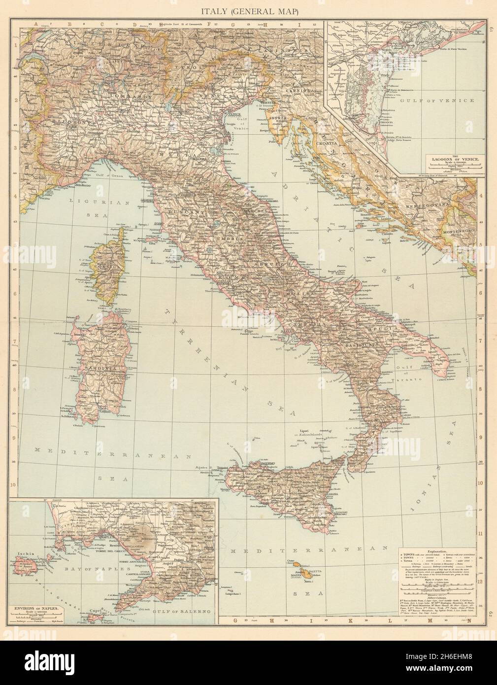 Italy (general map). Lagoons of Venice. Environs of Naples. THE TIMES 1895 Stock Photo