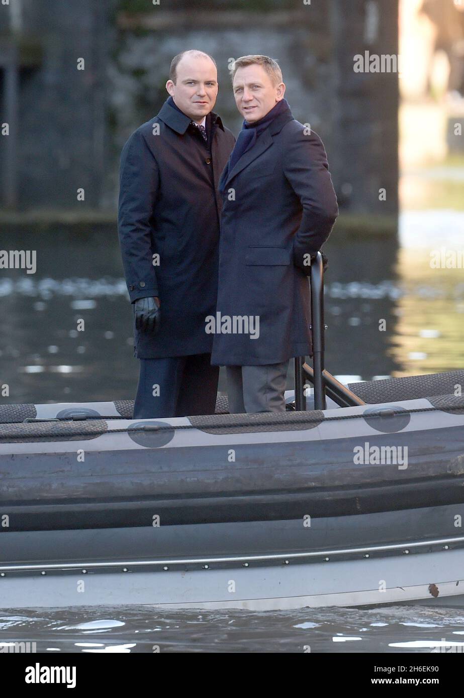 Daniel Craig and Rory Kinnear filming the new James Bond movie Spectre in Camden Lock, London. Stock Photo