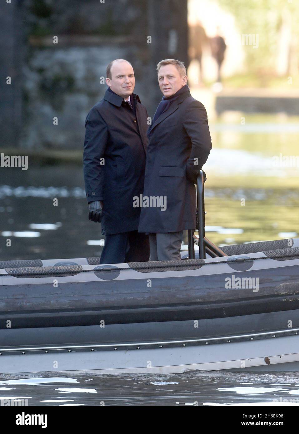 Daniel Craig and Rory Kinnear filming the new James Bond movie Spectre in Camden Lock, London. Stock Photo