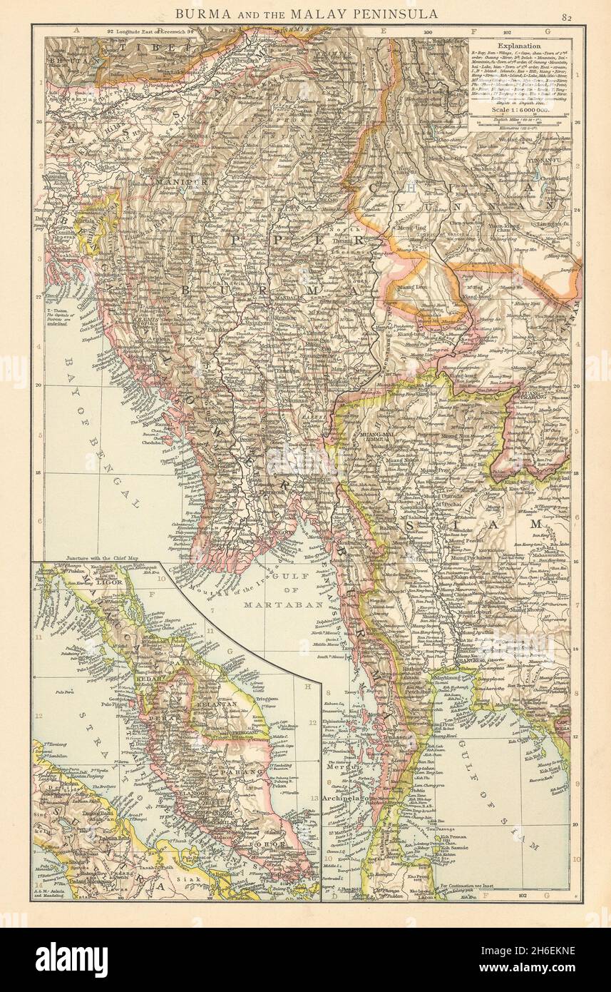 Burma & the Malay Peninsula. Myanmar Yunnan Siam Thailand Assam. TIMES 1895 map Stock Photo