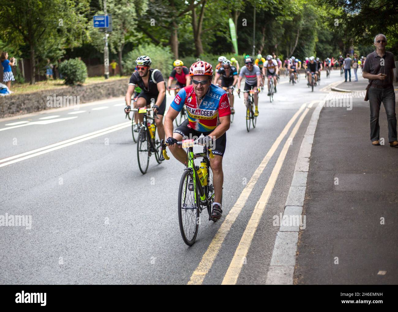 The Prudential RideLondon London to Surrey Classic passes through Wimbledon Village. Stock Photo