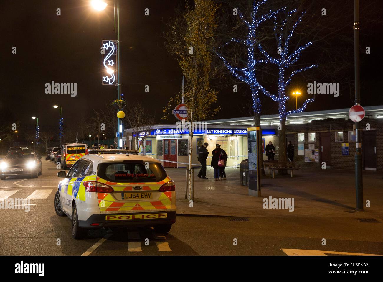 Police outside Leytonstone Underground Station in east London following