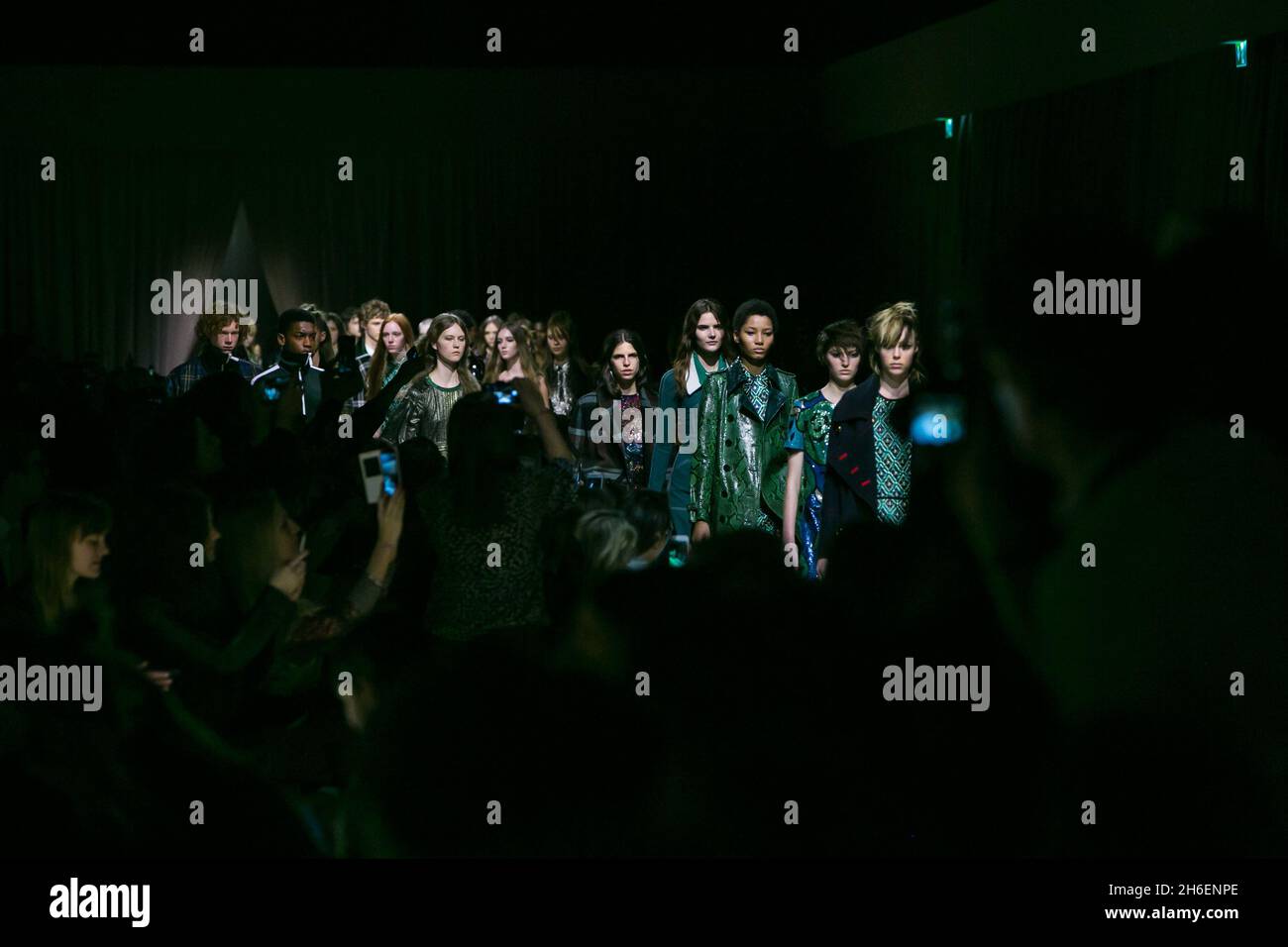 Models on the catwalk during the Burberry Autumn/Winter 2016 London Fashion Week show at West Albert Lawn, London. Stock Photo